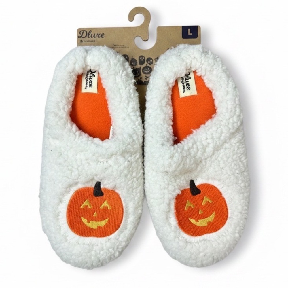 Dearfoams Dluxe Spooky Pumpkin Slippers White Sherpa Halloween Large 9-10 NEW
